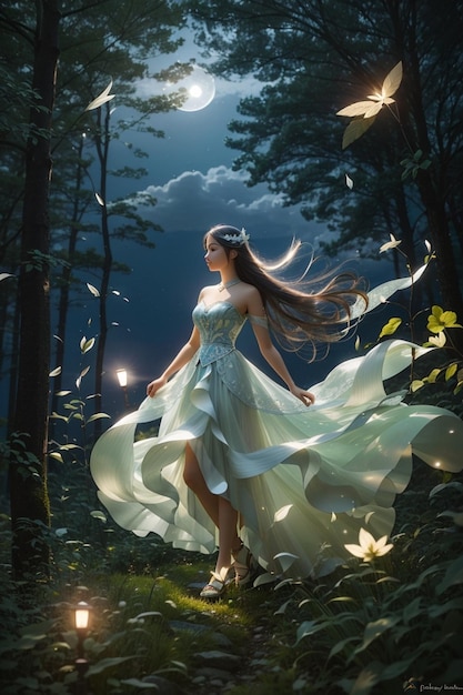 Dziewczyna W Białej Sukience Spaceruje Po Lesie Ze światłem Na Głowie.