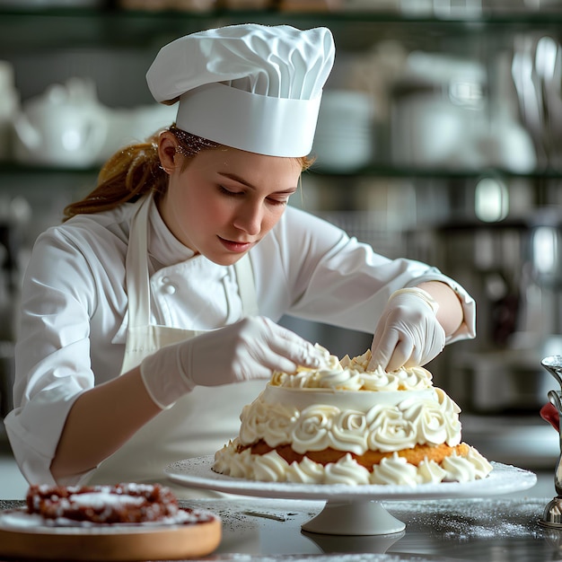 Dziewczyna w białym kapeluszu podaje ciasto na talerzu