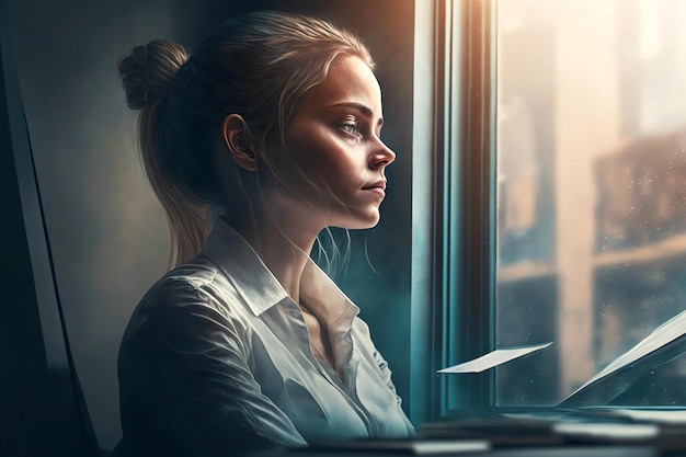 Dziewczyna w biurze przy oknie medytuje i myśli o celach biznesowych