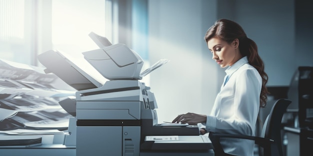 Zdjęcie dziewczyna w biurze używa maszyny do kopiowania generatywna sztuczna inteligencja