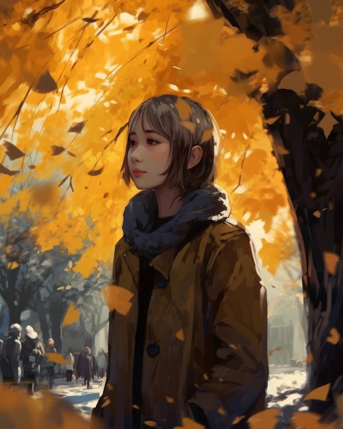 Dziewczyna w brązowym płaszczu stoi wśród jesiennych liści.