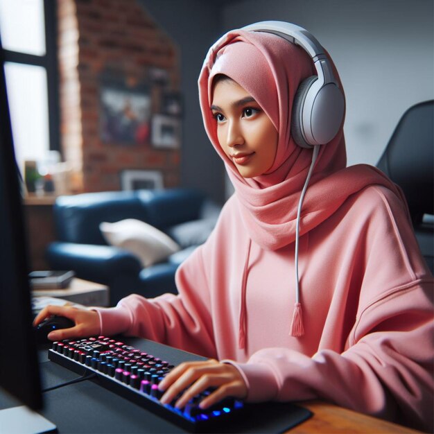 Zdjęcie dziewczyna w chary hijab w różowym nosząc chary hoodie i hijab