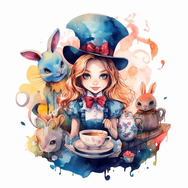 Dziewczyna w cylindrze pije herbatę i jest otoczona królikami.
