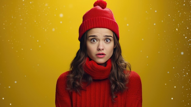 dziewczyna w czapce Mikołaja, czerwonym swetrze i czerwonym szaliku w stylu częstego wykorzystania żółtego minimalistycznego tła stworzonego przy użyciu technologii Generative Al