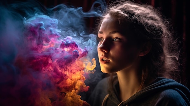 Dziewczyna w czarnej bluzie z kapturem i czarnej bluzie z kapturem patrzy na kolorową chmurę dymu.