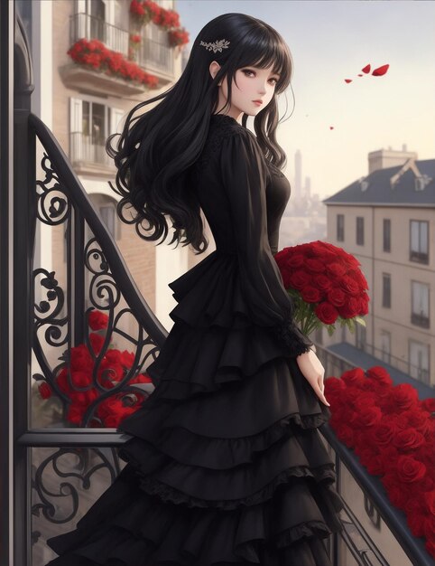 Dziewczyna w czarnej sukience stoi na balkonie przez Generative AI