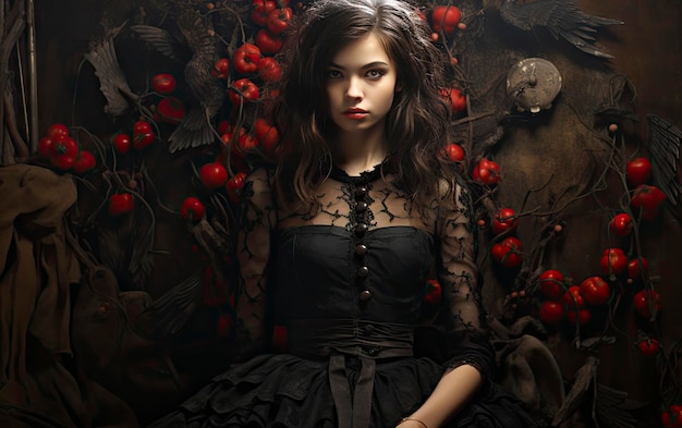 dziewczyna w czarnej sukience z czerwonymi różami na ścianie