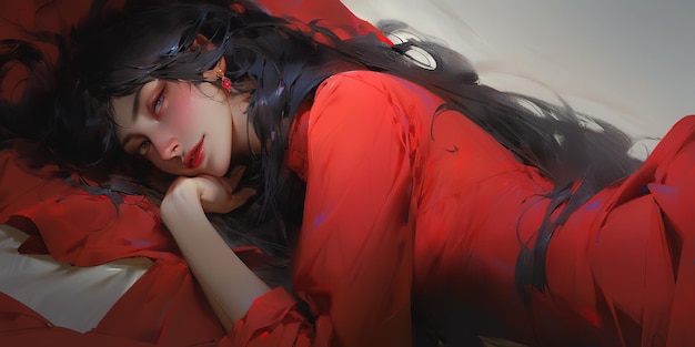 Dziewczyna w czerwieni śpi na łóżku.