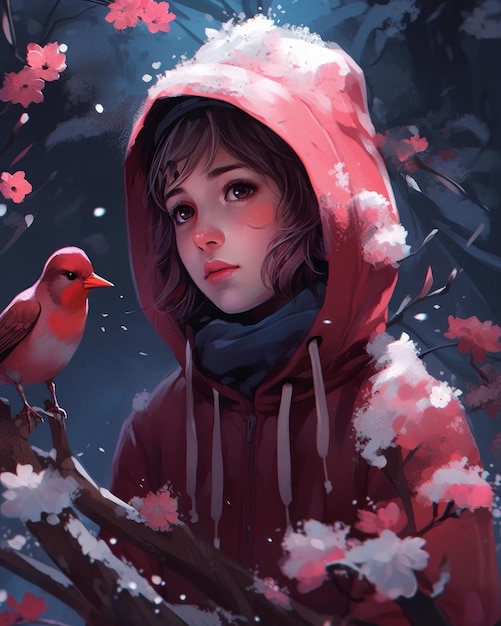 Dziewczyna w czerwonej bluzie z kapturem i ptak na gałęzi