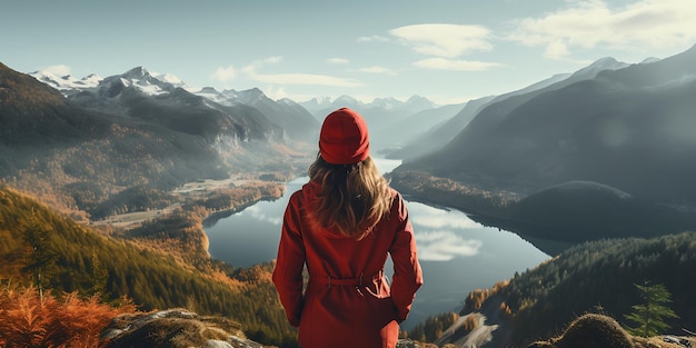Dziewczyna w czerwonej kurtce i kapeluszu stoi na skraju klifu i patrzy na jezioro