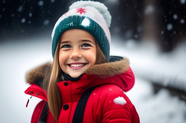 Dziewczyna w czerwonym płaszczu zimowym uśmiecha się na śniegu.
