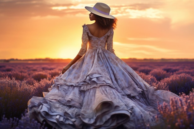 Dziewczyna w długiej sukni na dużym lawendowym polu oświetlonym słońcem wygenerowanym przez AI