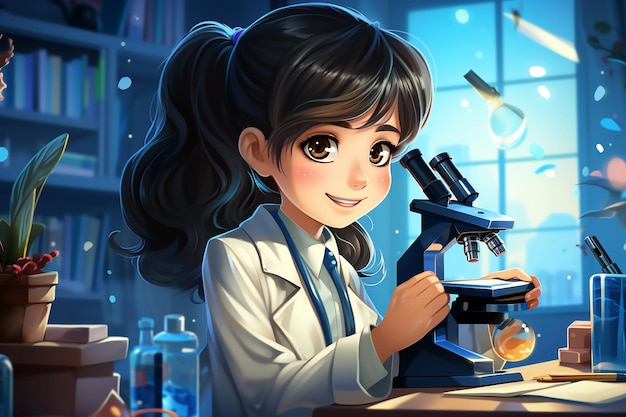 Dziewczyna w fartuchu laboratoryjnym z mikroskopem
