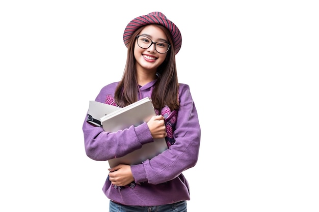 Zdjęcie dziewczyna w fioletowym swetrze i fioletowym swetrze z książką w ręku