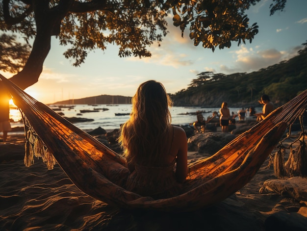 dziewczyna w hamaku na plaży o zachodzie słońca Generacyjna AI