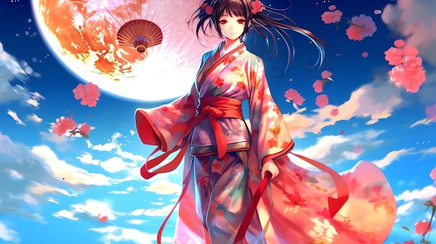 Dziewczyna w ilustracji anime kimono