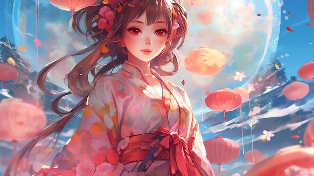 Dziewczyna w ilustracji anime kimono