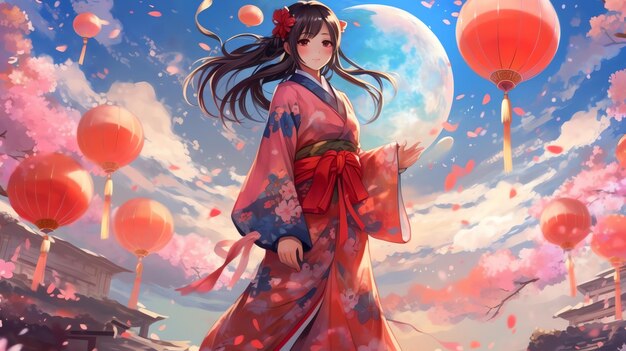 Dziewczyna w ilustracji anime kimono