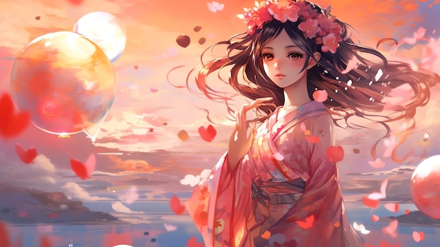 Dziewczyna w ilustracji anime kimono