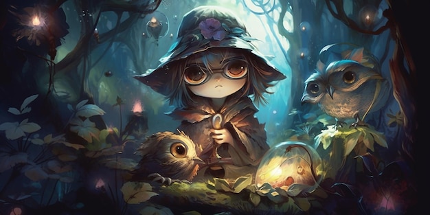 Dziewczyna w kapeluszu i kapturze stoi w lesie z sową po lewej stronie.