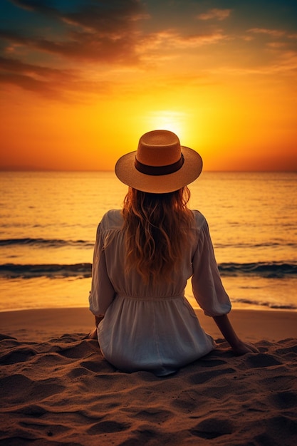 Dziewczyna w kapeluszu siedzi na plaży przy zachodzie słońca.