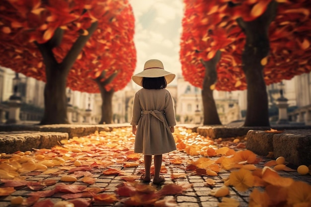 dziewczyna w kapeluszu stoi w parku z opadłymi liśćmi.