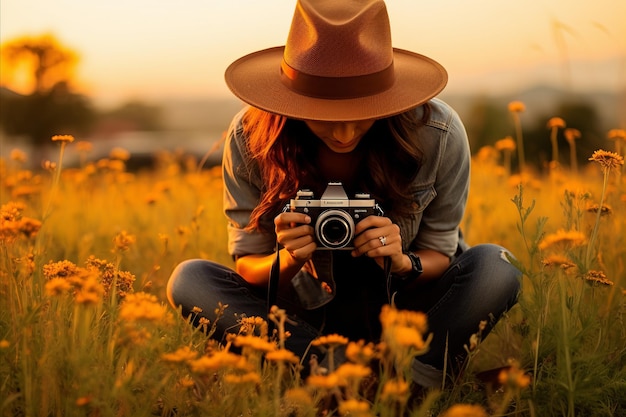 Dziewczyna w kapeluszu ze starym aparatem w polu