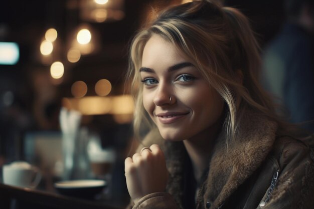 Dziewczyna w kawiarni ze światłem na twarzy