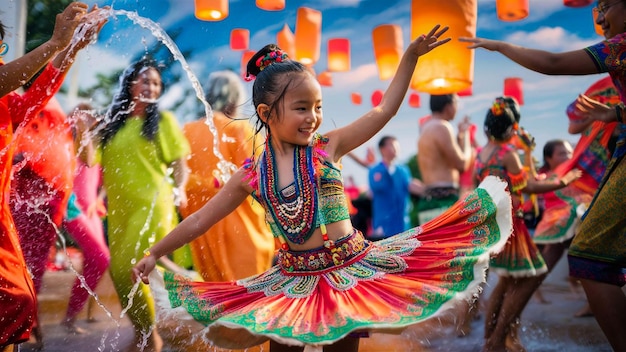 Dziewczyna w kolorowej sukience tańczy w wodzie z słowami "taniec" na niej.