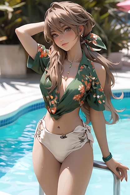 Dziewczyna w kwiecistym topie i szortach stoi przed basenem