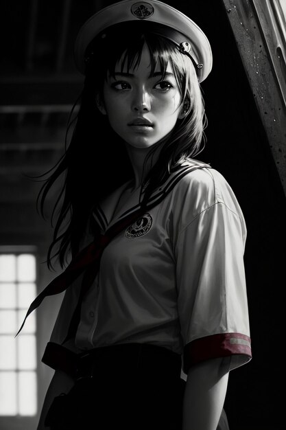 Dziewczyna w marynarskim stroju z czerwonym logo na przodzie.