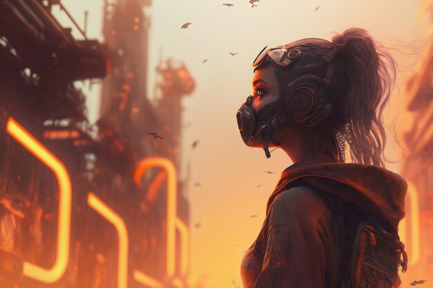 Dziewczyna w masce gazowej patrzy na futurystyczne miasto.