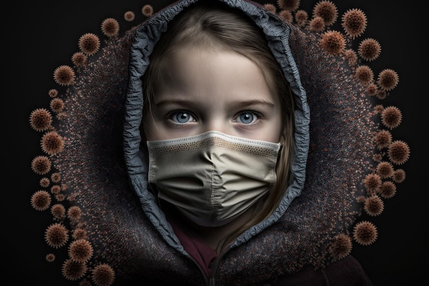 Dziewczyna w masce z napisem „koronawirus”.