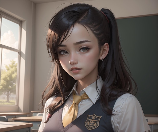 Dziewczyna w mundurku szkolnym z napisem szkoła na przodzie.