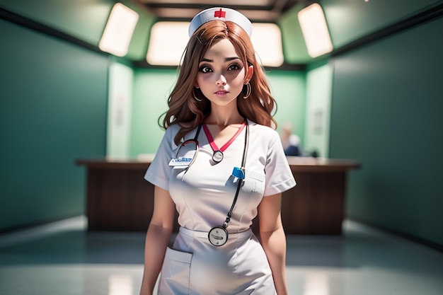 Dziewczyna w mundurze pielęgniarki stoi przed zieloną ścianą.