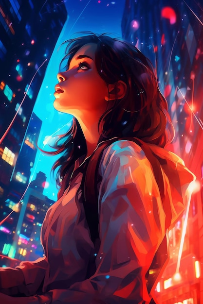 Dziewczyna w neonowych światłach miasta