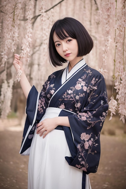 Dziewczyna w niebieskim kimonie pozuje przed kwitnącym drzewem.