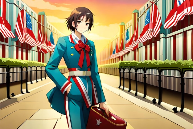 Dziewczyna w niebieskim mundurze z czerwoną kokardą na głowie i czerwoną torbą w dłoni.