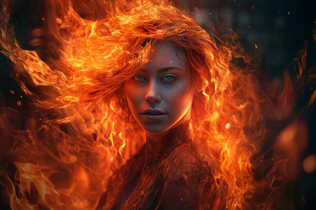 Dziewczyna w ogniu z czerwonymi włosami w stylu fotorealistycznych szczegółów Generatywna sztuczna inteligencja