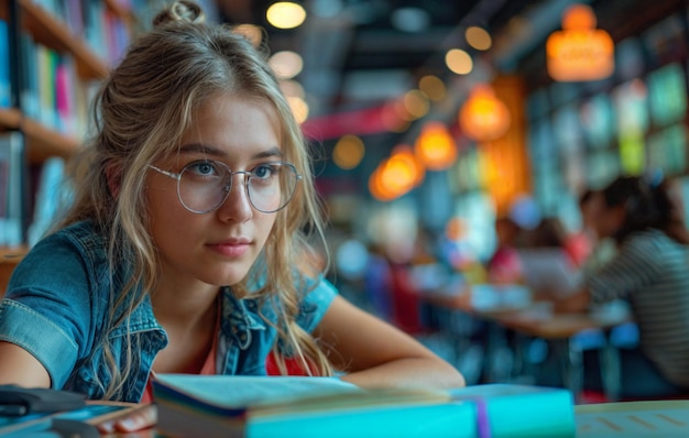 Zdjęcie dziewczyna w okularach siedzi przy stole z książką przed sobą.