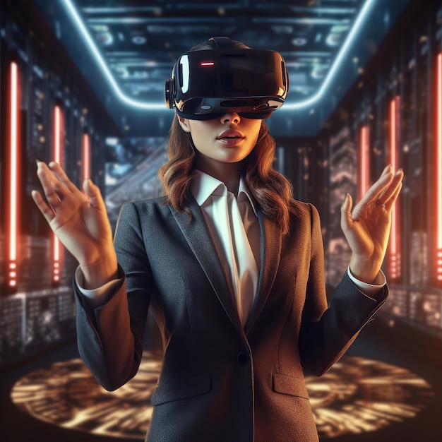 Dziewczyna w okularach technologii przyszłości wirtualnej rzeczywistości do grania w grę Generative Ai