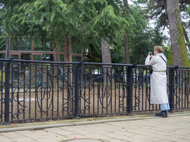 Dziewczyna w parku patrzy na telefon Ładne miejsce w mieście Za płotem w zoo