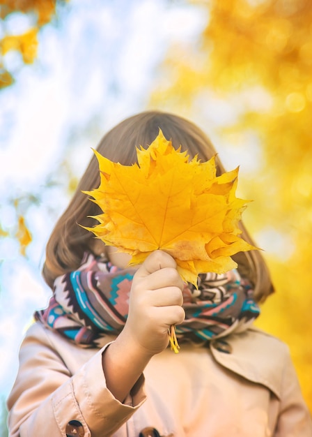 Zdjęcie dziewczyna w parku z jesiennych liści.