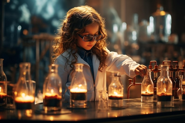 Dziewczyna w płaszczu laboratoryjnym i okularach bezpieczeństwa przeprowadza eksperyment AI
