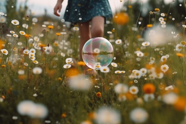 Dziewczyna w polu kwiatów z bańką
