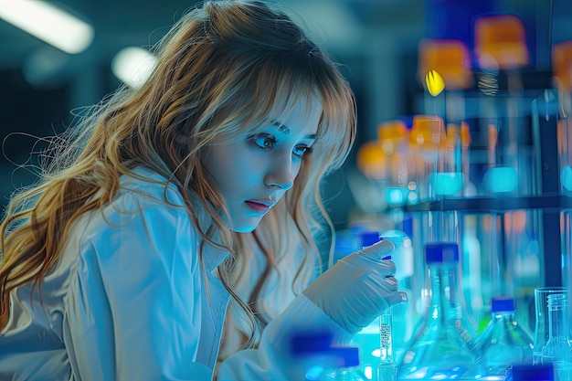Dziewczyna w rękawiczkach i białym płaszczu pracuje w laboratorium chemicznym