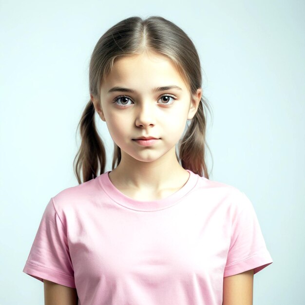 Zdjęcie dziewczyna w różowej koszulce na białym tle