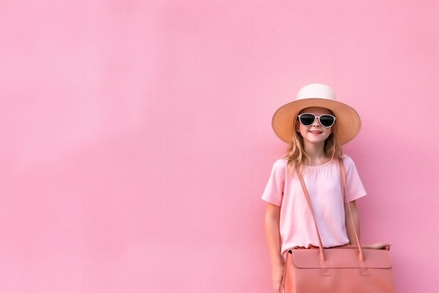 Dziewczyna w różowej koszuli i okularach przeciwsłonecznych stoi przed różową ścianą z różowym tłem.