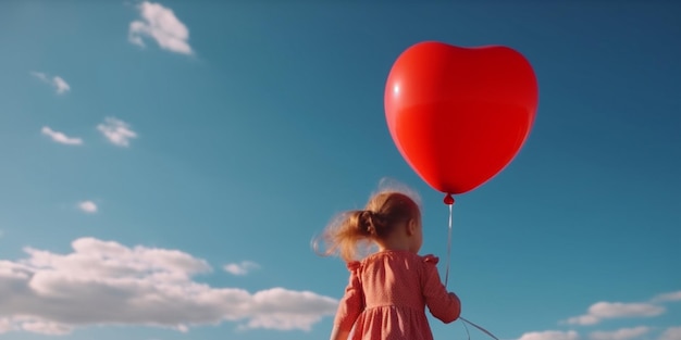 Dziewczyna w różowej sukience trzyma czerwony balon w kształcie serca przed błękitnym niebem.
