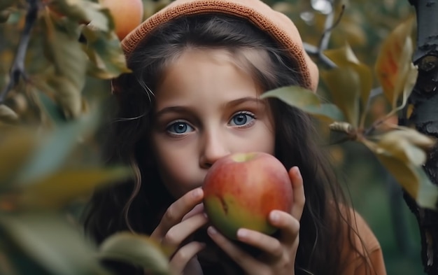 Dziewczyna w sadzie jabłkowym zjada owoc.
